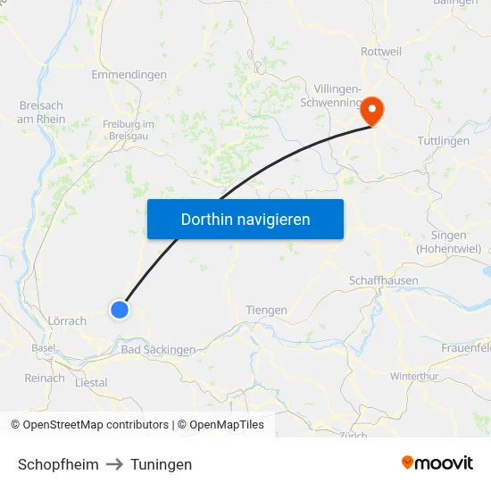 Schopfheim to Tuningen map
