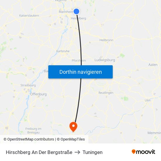 Hirschberg An Der Bergstraße to Tuningen map