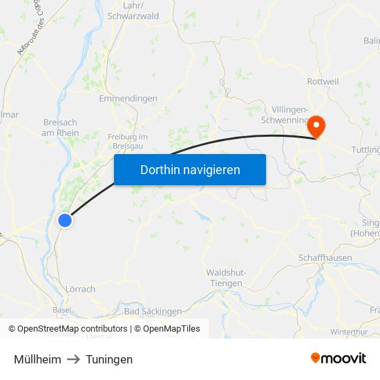 Müllheim to Tuningen map