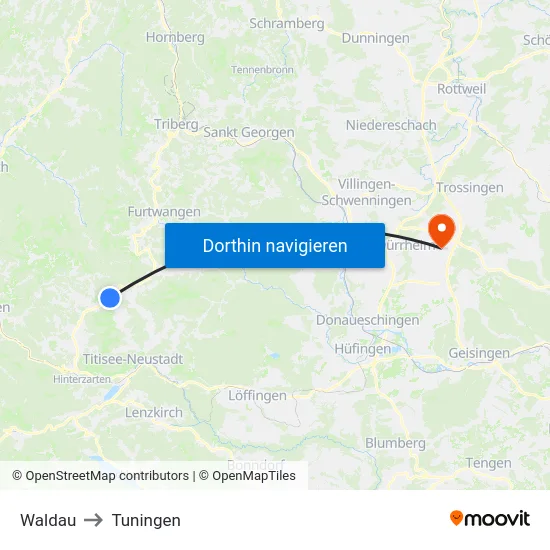 Waldau to Tuningen map