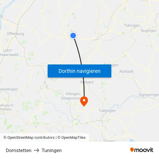 Dornstetten to Tuningen map