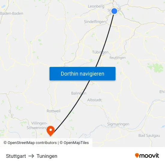 Stuttgart to Tuningen map