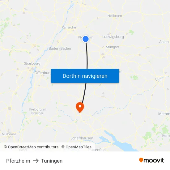Pforzheim to Tuningen map