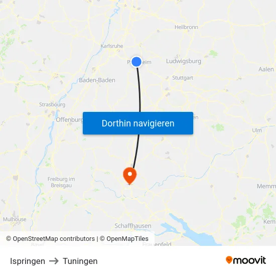 Ispringen to Tuningen map