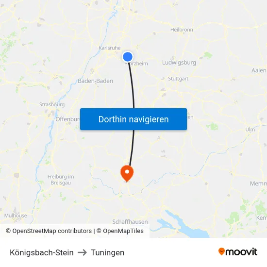Königsbach-Stein to Tuningen map