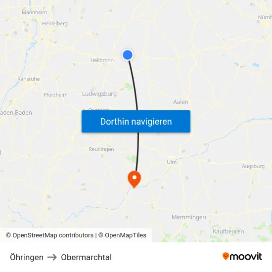 Öhringen to Obermarchtal map