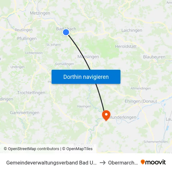 Gemeindeverwaltungsverband Bad Urach to Obermarchtal map