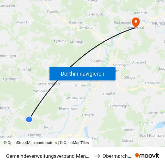 Gemeindeverwaltungsverband Mengen to Obermarchtal map