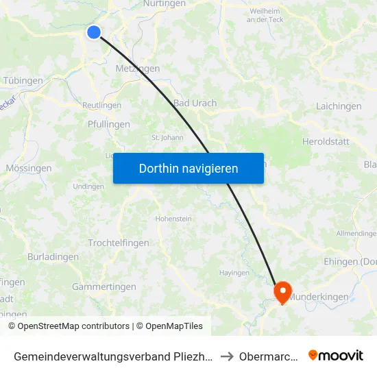 Gemeindeverwaltungsverband Pliezhausen to Obermarchtal map