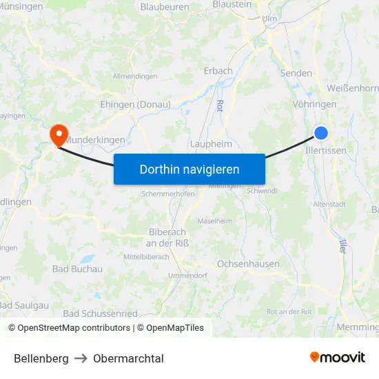 Bellenberg to Obermarchtal map