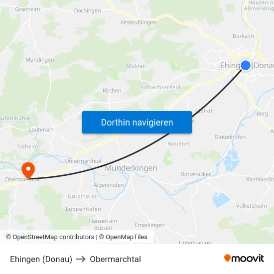 Ehingen (Donau) to Obermarchtal map