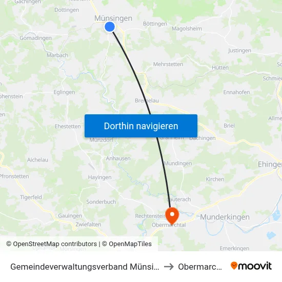 Gemeindeverwaltungsverband Münsingen to Obermarchtal map