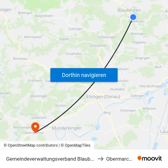 Gemeindeverwaltungsverband Blaubeuren to Obermarchtal map