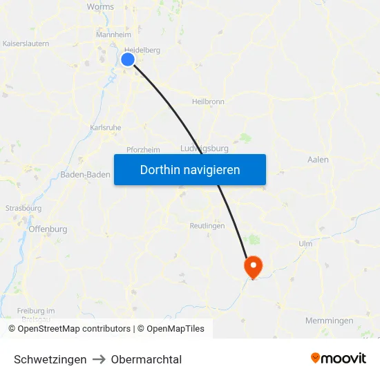 Schwetzingen to Obermarchtal map
