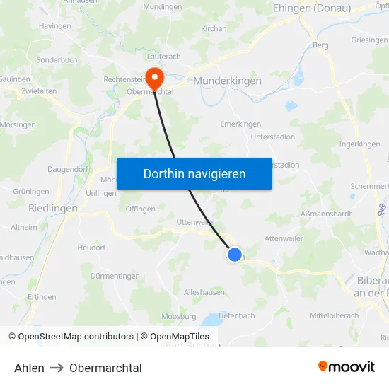 Ahlen to Obermarchtal map