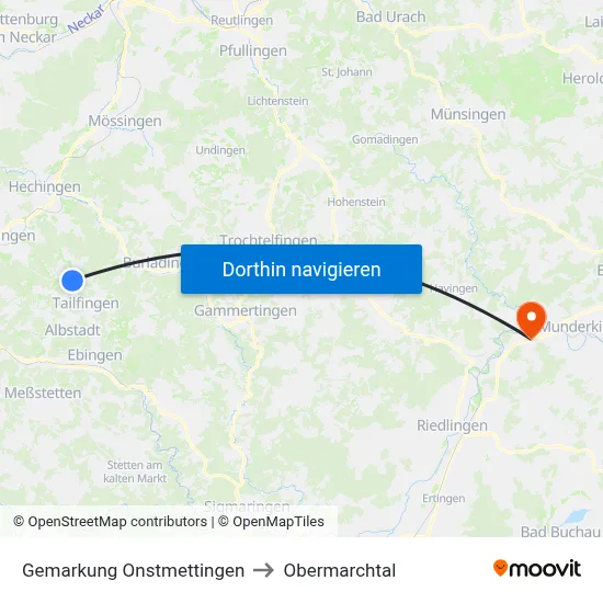 Gemarkung Onstmettingen to Obermarchtal map