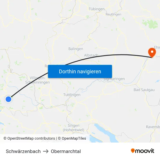 Schwärzenbach to Obermarchtal map