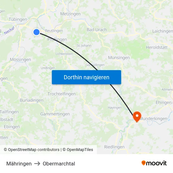 Mähringen to Obermarchtal map