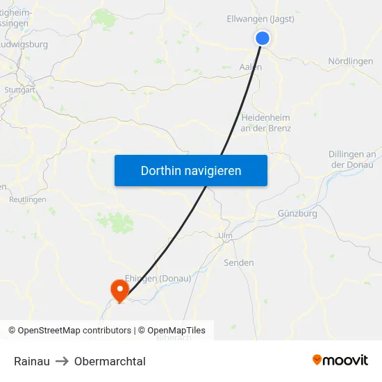 Rainau to Obermarchtal map