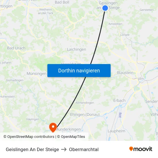 Geislingen An Der Steige to Obermarchtal map