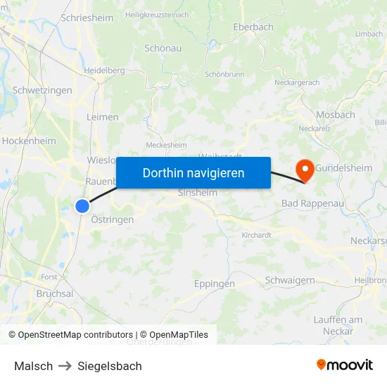 Malsch to Siegelsbach map