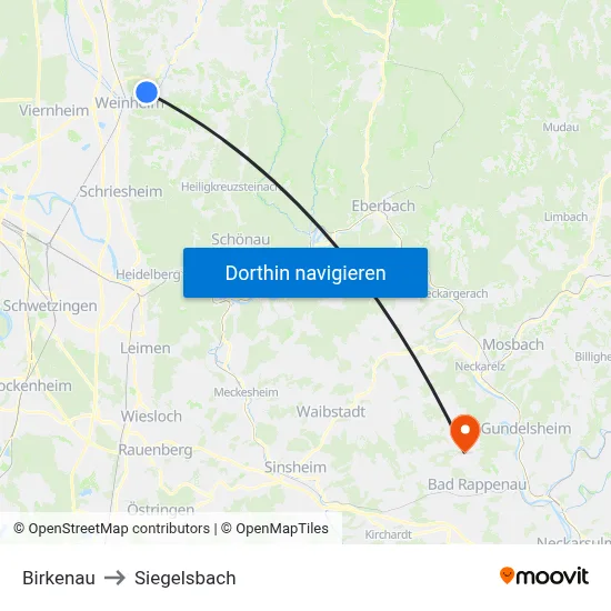 Birkenau to Siegelsbach map
