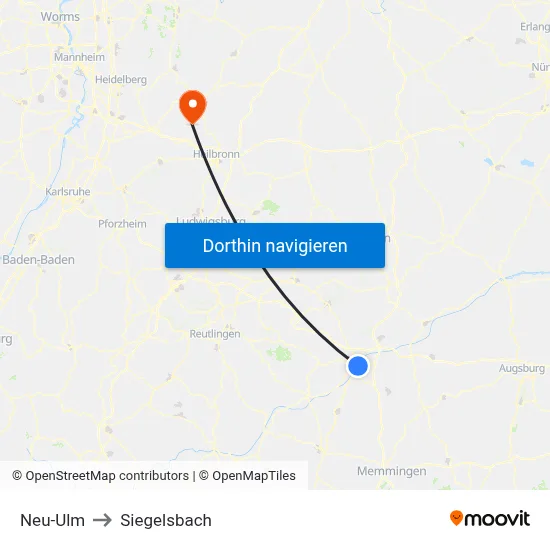 Neu-Ulm to Siegelsbach map