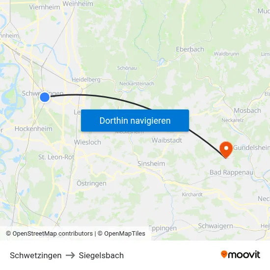 Schwetzingen to Siegelsbach map