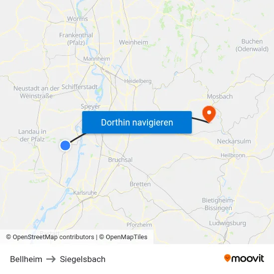 Bellheim to Siegelsbach map