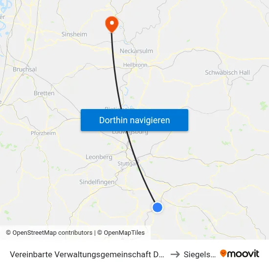 Vereinbarte Verwaltungsgemeinschaft Der Stadt Nürtingen to Siegelsbach map
