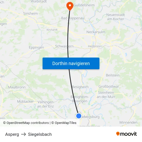 Asperg to Siegelsbach map