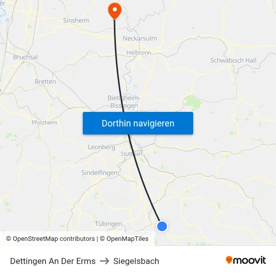 Dettingen An Der Erms to Siegelsbach map