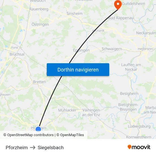 Pforzheim to Siegelsbach map