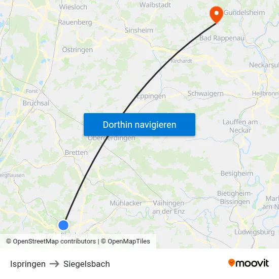 Ispringen to Siegelsbach map