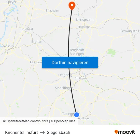 Kirchentellinsfurt to Siegelsbach map