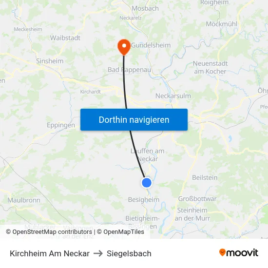 Kirchheim Am Neckar to Siegelsbach map