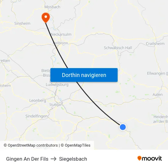 Gingen An Der Fils to Siegelsbach map