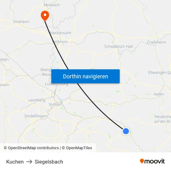 Kuchen to Siegelsbach map