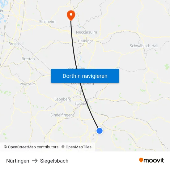 Nürtingen to Siegelsbach map