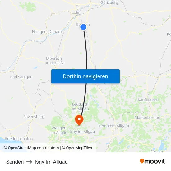 Senden to Isny Im Allgäu map