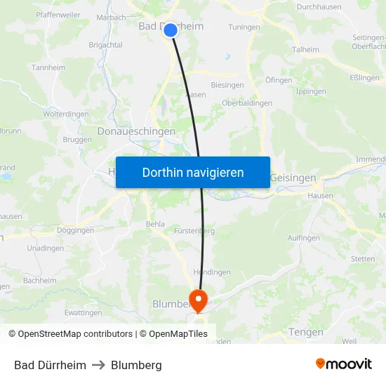Bad Dürrheim to Blumberg map