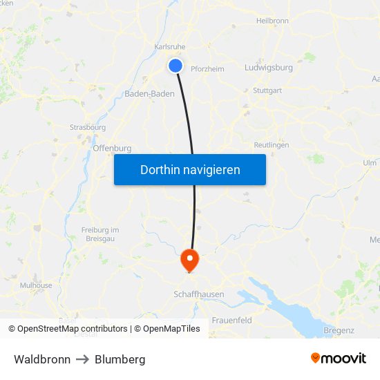 Waldbronn to Blumberg map