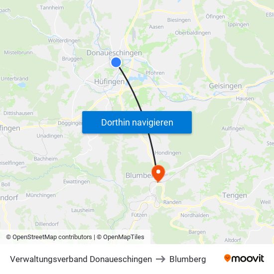 Verwaltungsverband Donaueschingen to Blumberg map