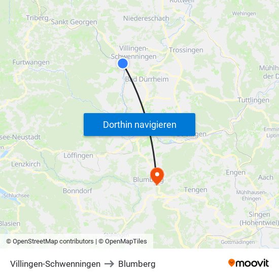 Villingen-Schwenningen to Blumberg map