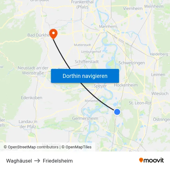 Waghäusel to Friedelsheim map