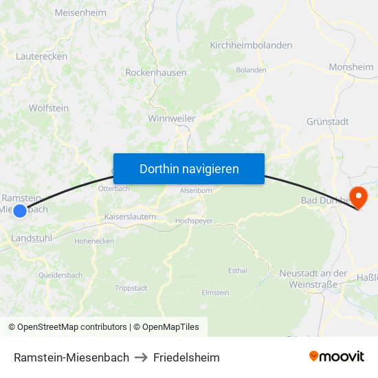 Ramstein-Miesenbach to Friedelsheim map