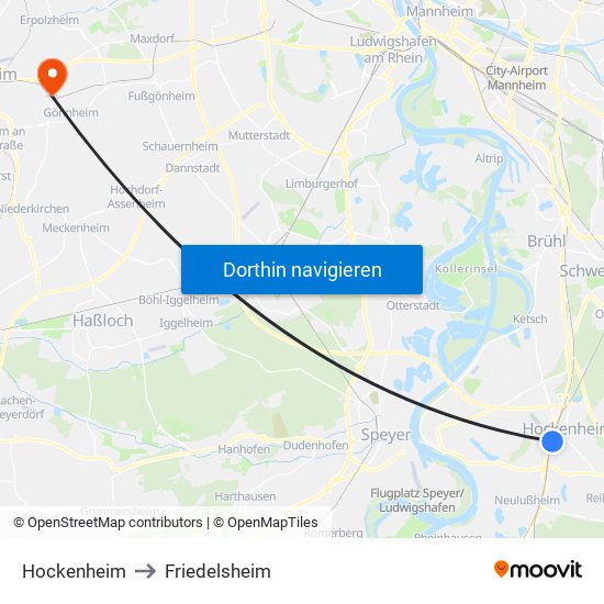 Hockenheim to Friedelsheim map