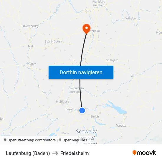 Laufenburg (Baden) to Friedelsheim map
