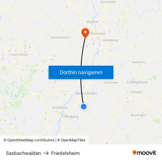 Sasbachwalden to Friedelsheim map