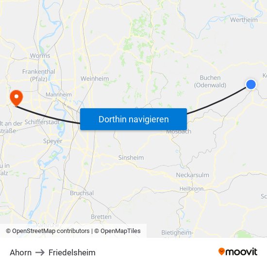 Ahorn to Friedelsheim map